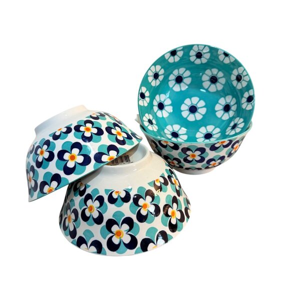 Retro Style Kitchen Bowls Set of 4 Flower Power All Purpose Blue Aqua Soup Salad - Picture 14 of 16